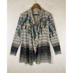 Indie Boho Vocal Women Small Grey Feather Rhinestone Open Front Draped Cardigan